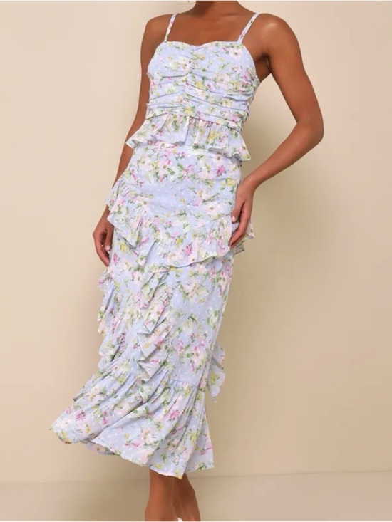 Lulus Dresses & Skirts - Lulus Easily Beloved Light Blue Floral Ruffled Asymmetrical Top & Maxi Skirt